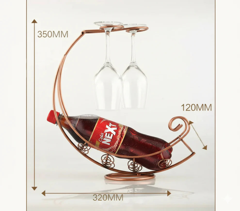 Creative Bottle & Glass Holder Metal Bottle Display Stand Luxury Crescent Moon Bottle Holder with Dual Glass Hanger - Elegant Dining
