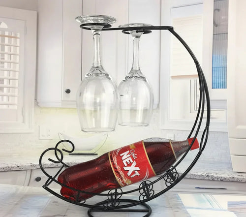 Creative Bottle & Glass Holder Metal Bottle Display Stand Luxury Crescent Moon Bottle Holder with Dual Glass Hanger - Elegant Dining