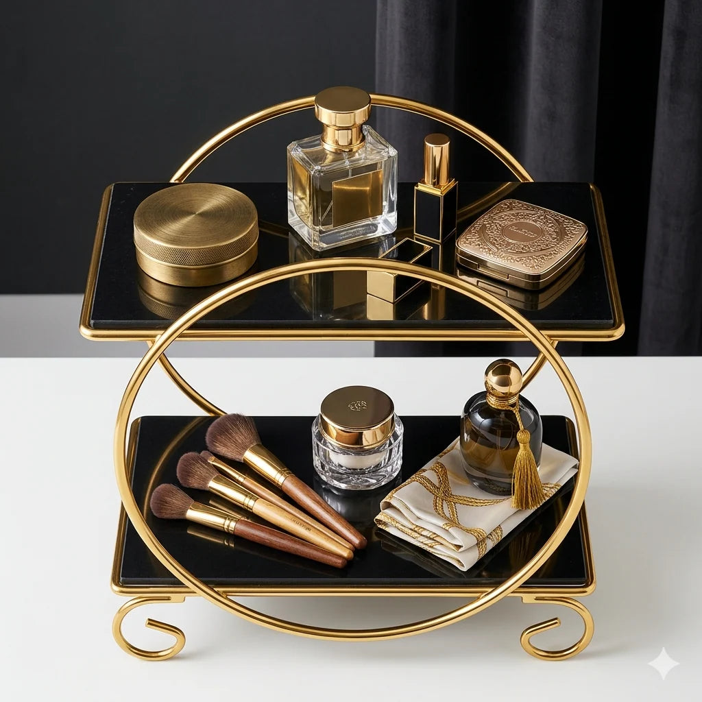 Cosmetic Storage Rack Makeup Stand Luxury 2-Tier Gold Display Rack Multipurpose Metal Organizer for Dessert, Perfume & Cosmetics