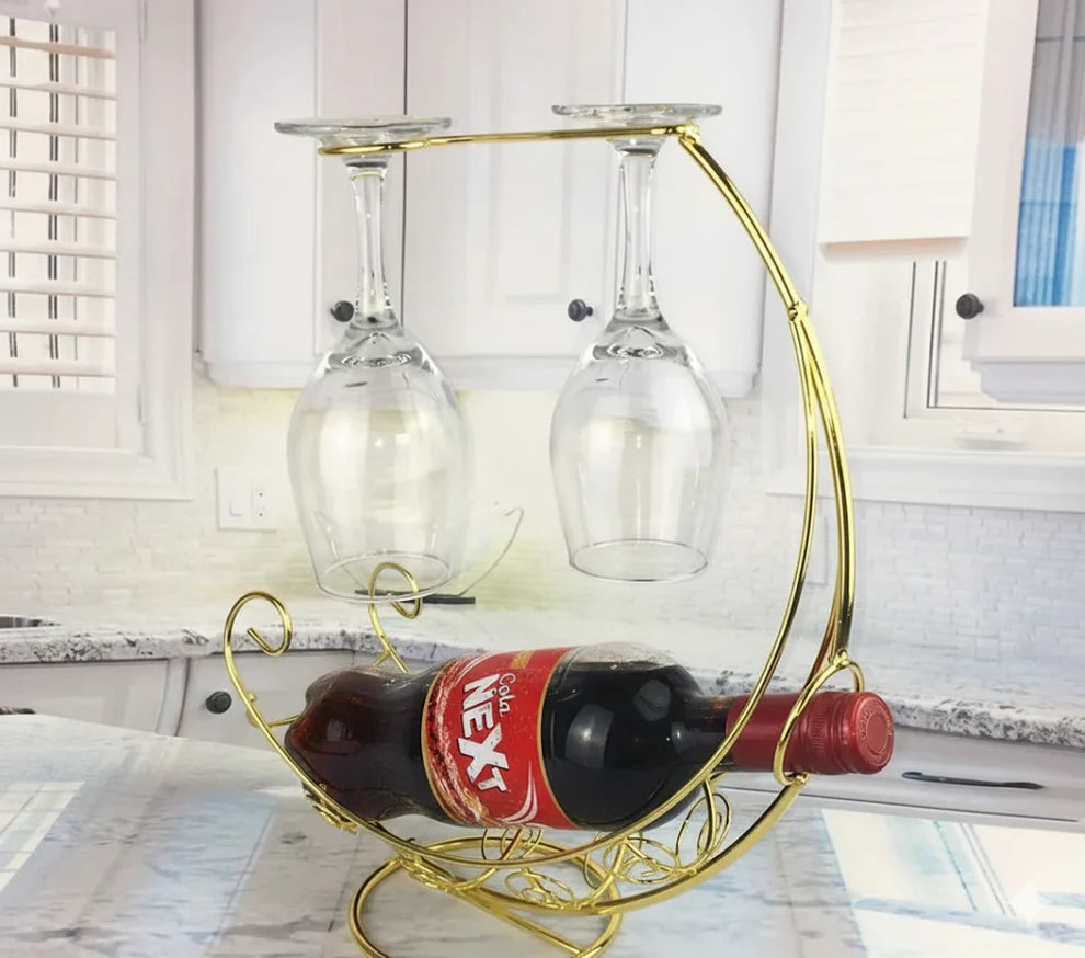 Creative Bottle & Glass Holder Metal Bottle Display Stand Luxury Crescent Moon Bottle Holder with Dual Glass Hanger - Elegant Dining