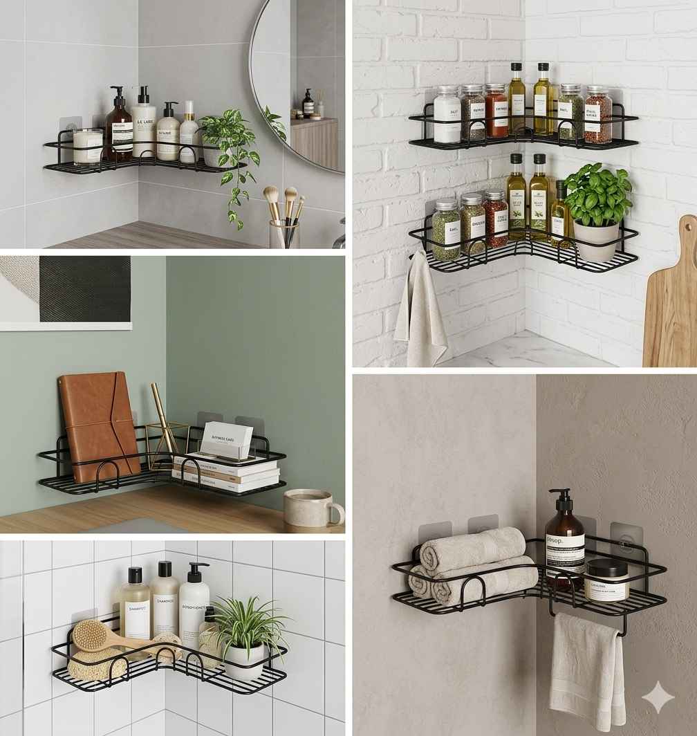 No-Drill Shower Caddy, L-Shaped Storage Rack, Aesthetic Home Organization, Rust-Proof Metal Shelves, Space Saving Furniture Pakistan, Spice Rack for Kitchen Wall, Bathroom Accessories Pakistan