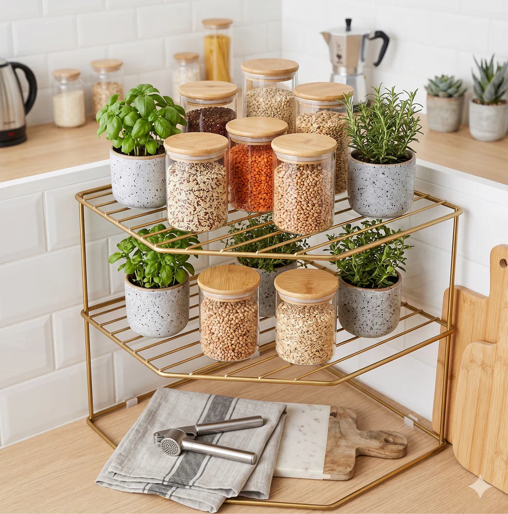 Pantry Organization Ideas, Aesthetic Kitchen Decor, Corner Shelf for Countertop
