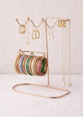 Luxury Rose Gold Bangle & Jewelry Stand with Mirrored Base – Premium Multipurpose Necklace, Earring & Ring Display Tree Organizer with Crystal Rose Accents
