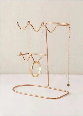 Luxury Rose Gold Bangle & Jewelry Stand with Mirrored Base – Premium Multipurpose Necklace, Earring & Ring Display Tree Organizer with Crystal Rose Accents