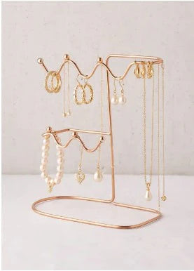 Luxury Rose Gold Bangle & Jewelry Stand with Mirrored Base – Premium Multipurpose Necklace, Earring & Ring Display Tree Organizer with Crystal Rose Accents