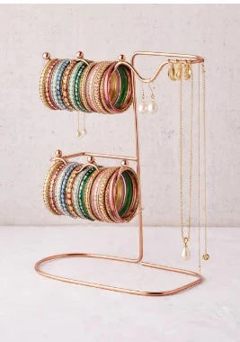 Luxury Rose Gold Bangle & Jewelry Stand with Mirrored Base – Premium Multipurpose Necklace, Earring & Ring Display Tree Organizer with Crystal Rose Accents