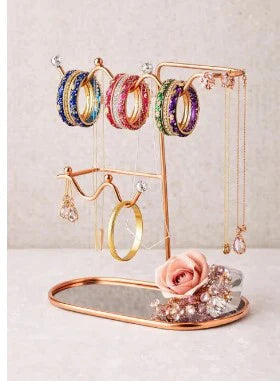 Luxury Rose Gold Bangle & Jewelry Stand with Mirrored Base – Premium Multipurpose Necklace, Earring & Ring Display Tree Organizer with Crystal Rose Accents