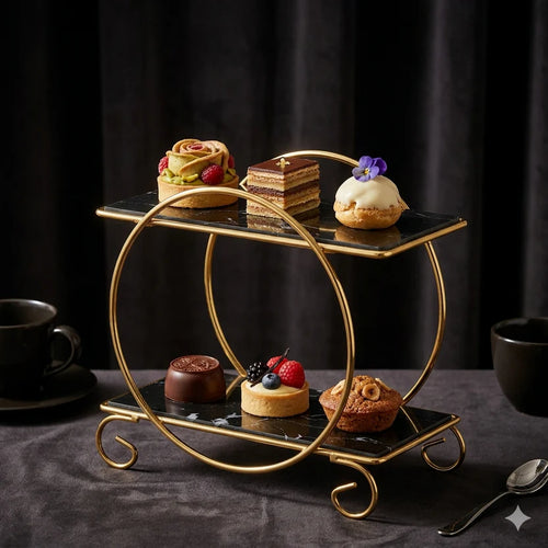 Cosmetic Storage Rack Makeup Stand Luxury 2-Tier Gold Display Rack Multipurpose Metal Organizer for Dessert, Perfume & Cosmetics