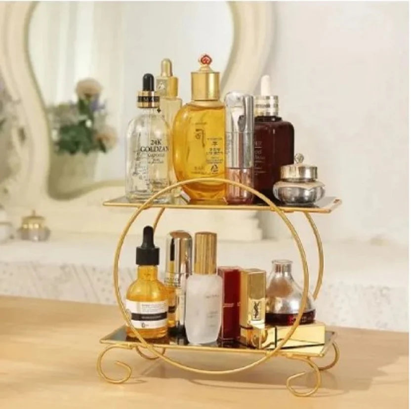 Cosmetic Storage Rack Makeup Stand Luxury 2-Tier Gold Display Rack Multipurpose Metal Organizer for Dessert, Perfume & Cosmetics