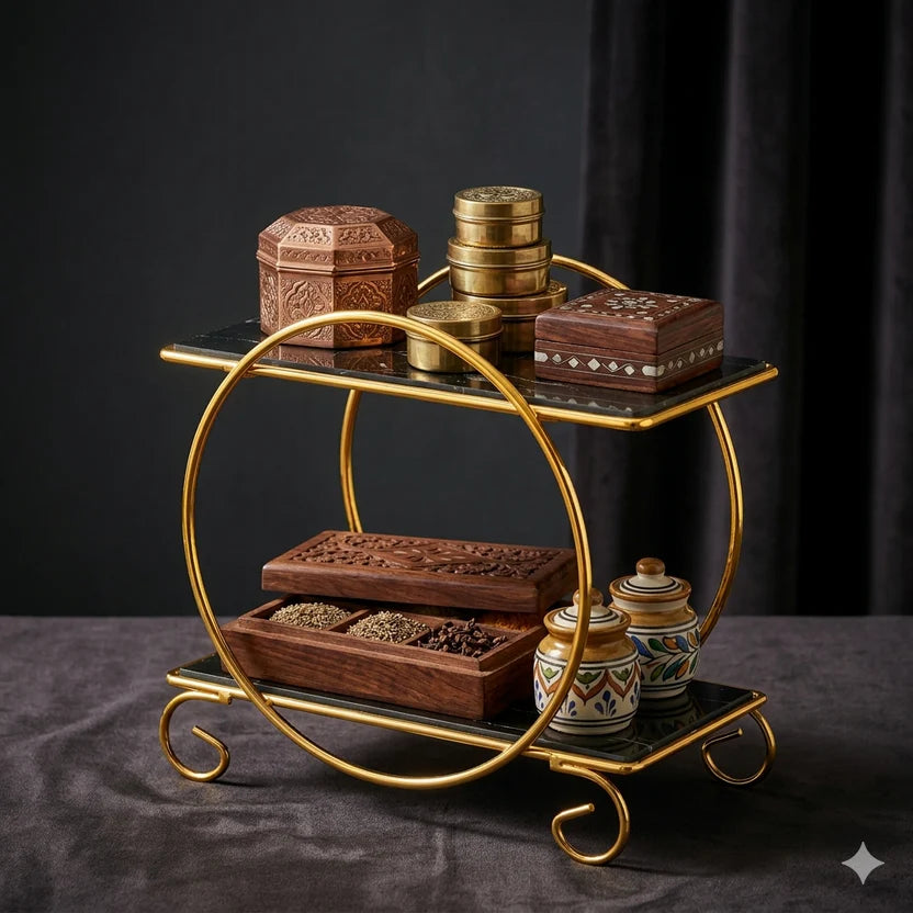 Cosmetic Storage Rack Makeup Stand Luxury 2-Tier Gold Display Rack Multipurpose Metal Organizer for Dessert, Perfume & Cosmetics